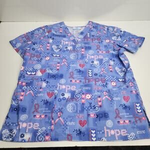 SB Scrubs Blue Hope Care & Love Design Short Sleeve Scrubs Top Women's Size M